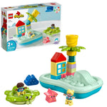 Transform your toddler's bath time with the LEGO® DUPLO® Water Park from Legos - Toyhouse. This bath toy set includes a floating island, house, starfish, two characters, and a palm tree water feature, making it perfect for turning your tub into a mini water park adventure! Suitable for ages 2+. Box shown in the background.