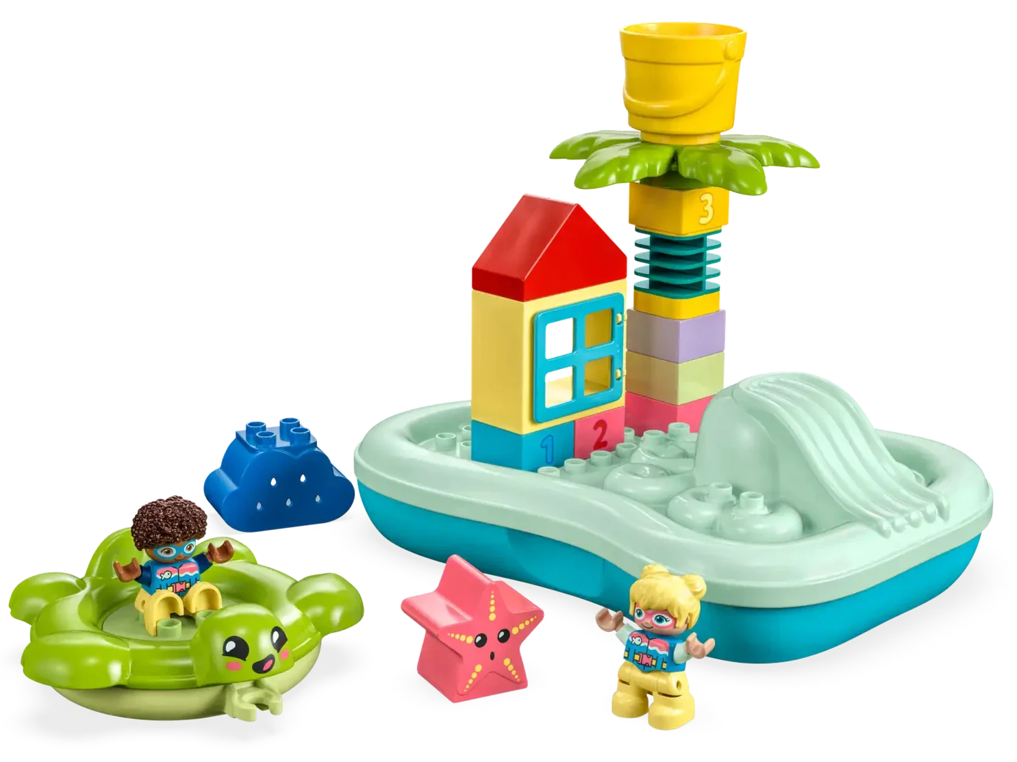 The LEGO® DUPLO® Water Park by Legos - Toyhouse is a vibrant toy set that includes stackable blocks to form a house and palm tree on a blue base, a green floaty with a child figure, a pink starfish, and an additional child figure—ideal for designing your own bath toy water park.