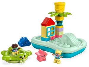 The LEGO® DUPLO® Water Park by Legos - Toyhouse is a vibrant toy set that includes stackable blocks to form a house and palm tree on a blue base, a green floaty with a child figure, a pink starfish, and an additional child figure—ideal for designing your own bath toy water park.