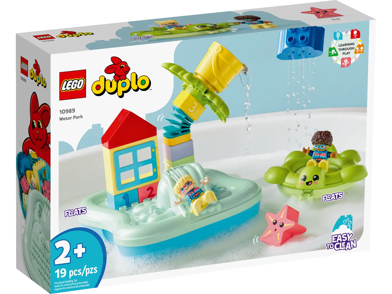 Image of LEGO® DUPLO® Water Park set 10989, "Water Park," shown on the packaging with various floating toy pieces including a slide, boat, and starfish. This Water Park Building Toy is labeled as suitable for ages 2 and up and contains 19 pieces. Brand: Legos - Toyhouse.