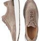 Two Peter Millar Wayfare Runners in taupe suede, featuring a vintage runner style with perforated sides and white rubber soles. One sneaker is displayed from the side and the other from above, highlighting its sleek design and comfortable EVA midsole.