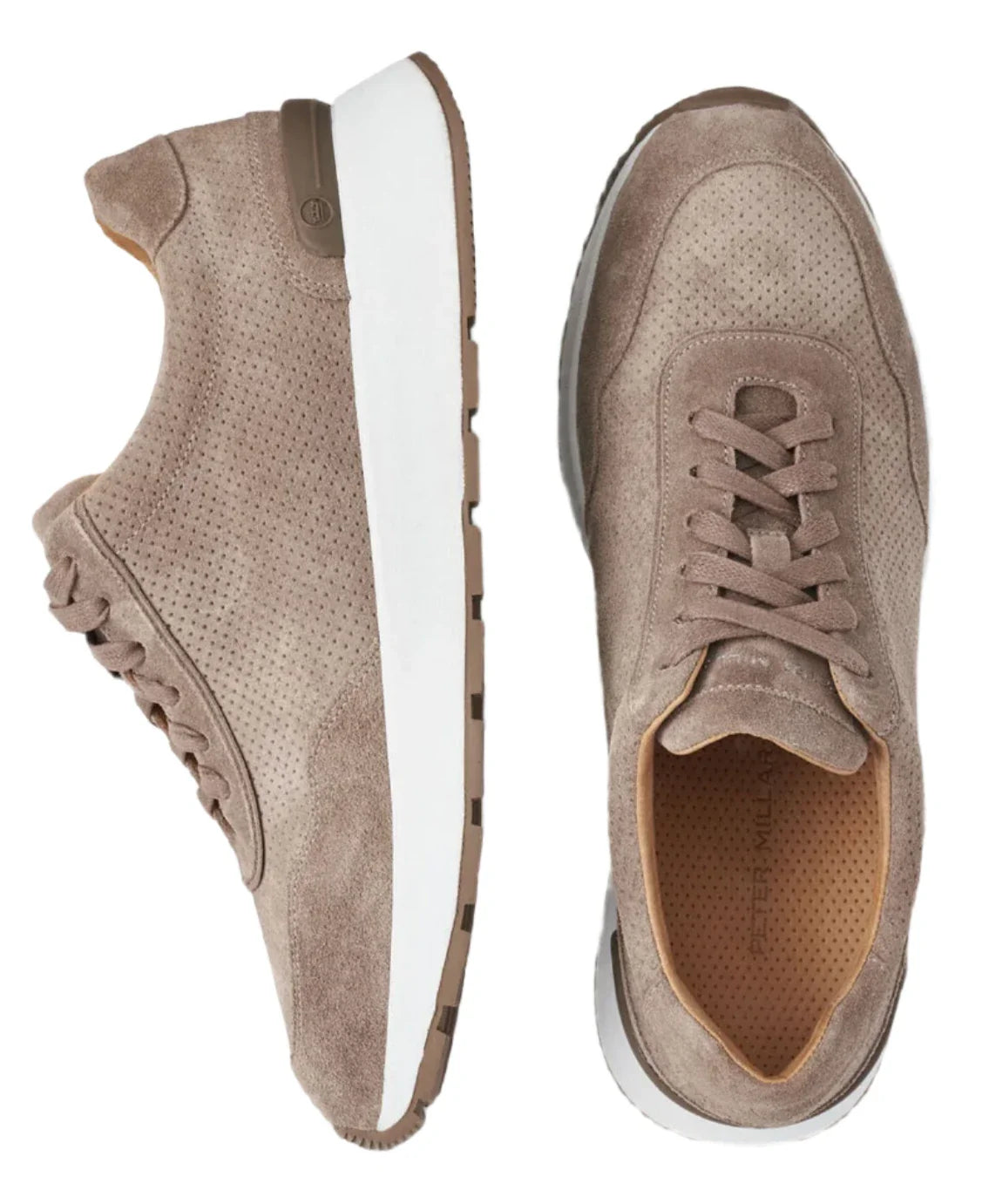 Two Peter Millar Wayfare Runners in taupe suede, featuring a vintage runner style with perforated sides and white rubber soles. One sneaker is displayed from the side and the other from above, highlighting its sleek design and comfortable EVA midsole.