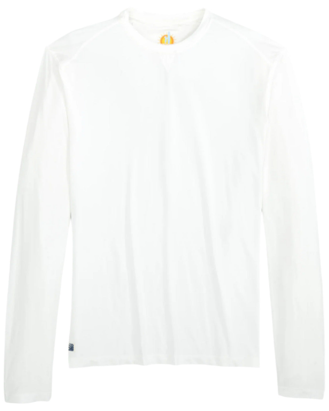 The Johnnie-O Basin Performance Sun Shirt is a long-sleeved white T-shirt with SPF 50 protection, ideal for a beach day against a plain backdrop.