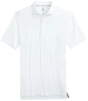 Introducing the Johnnie-O Huronn Featherweight Polo, a stylish short-sleeve polo shirt in white that is part of Johnnie-O's Featherweight collection. Featuring a classic collar and front buttons, it also serves as a performance polo with UPF 50 sun protection, seamlessly blending style and functionality for any occasion.