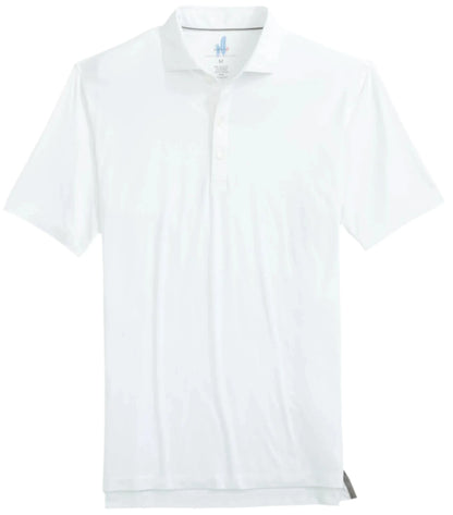 Introducing the Johnnie-O Huronn Featherweight Polo, a stylish short-sleeve polo shirt in white that is part of Johnnie-O's Featherweight collection. Featuring a classic collar and front buttons, it also serves as a performance polo with UPF 50 sun protection, seamlessly blending style and functionality for any occasion.