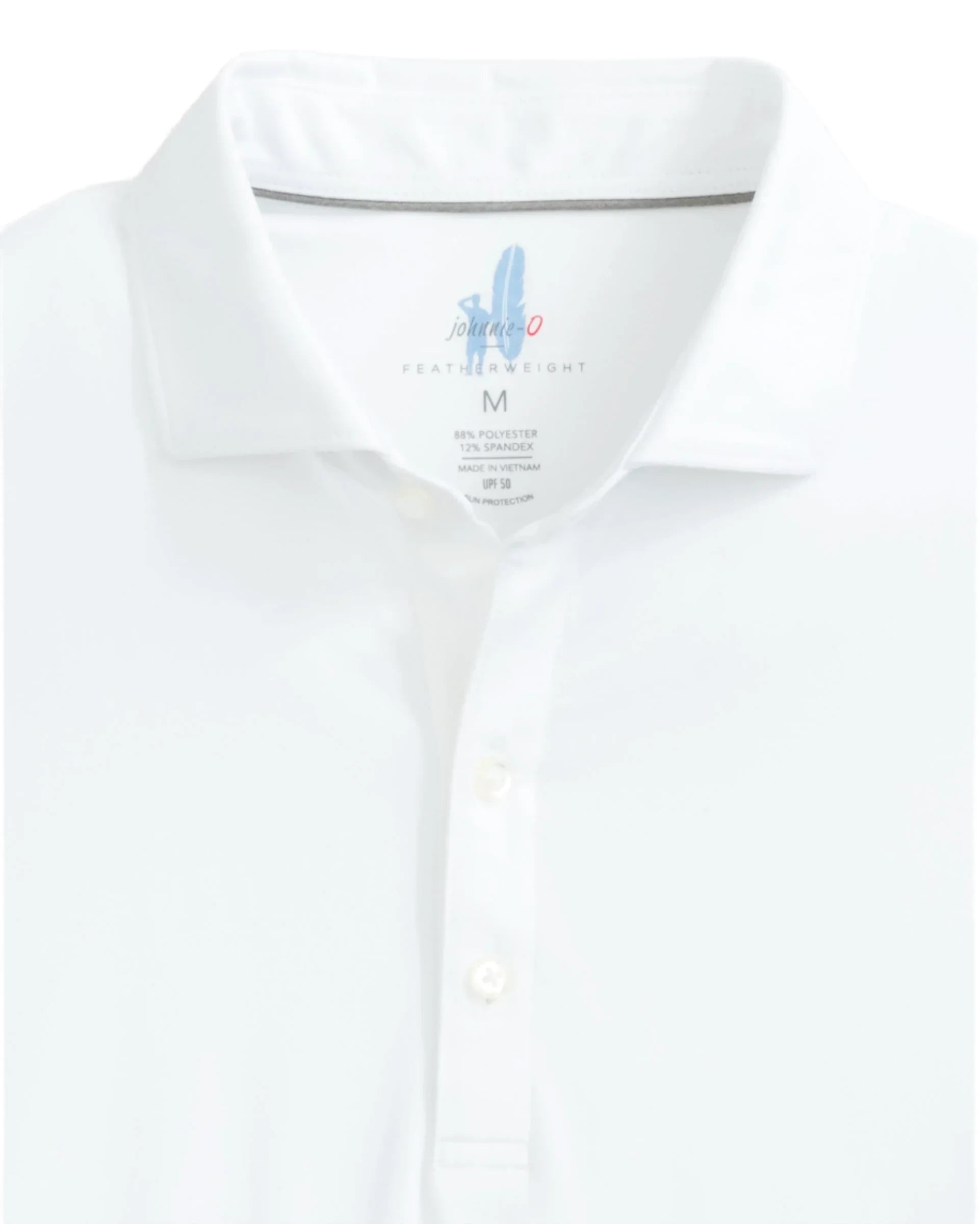 Johnnie-O Huronn Featherweight Polo, a white shirt with a collar and three buttons, is labeled "Medium" on the inside tag. Experience style and UPF 50 sun protection with this performance polo from Johnnie-O.