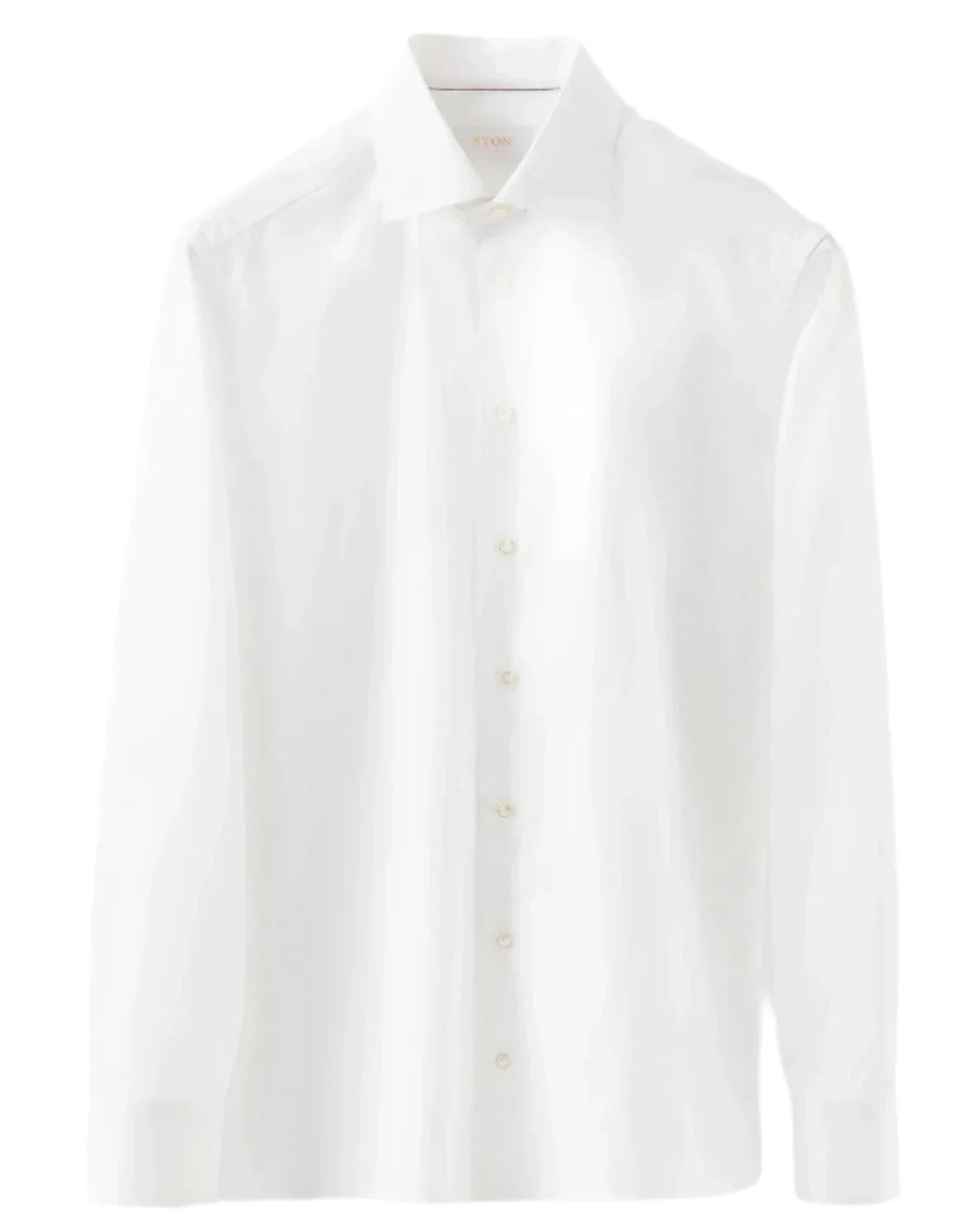 Eton Solid Elevated Twill Shirt, a white crease-resistant button-up dress shirt with long sleeves and a pointed collar, crafted by Eton from organic cotton, displayed against a plain background.