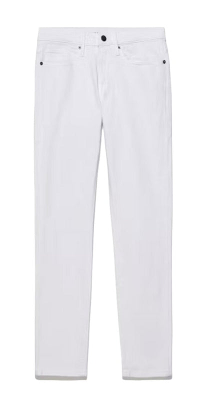 The Frame L'Homme Slim Denim Whisper White jeans feature a slim leg fit and mid-rise design, made from comfort stretch denim, and are showcased against a plain background.