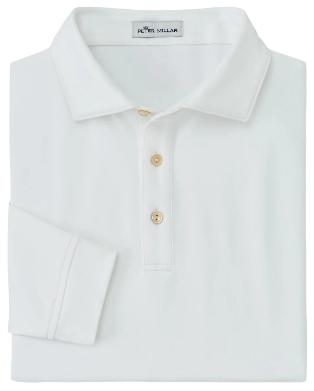 The Peter Millar Lyons Performance Jersey Long-Sleeve Polo is a folded white shirt featuring a collar, three buttons, moisture-wicking fabric, and UPF 50+ sun protection.