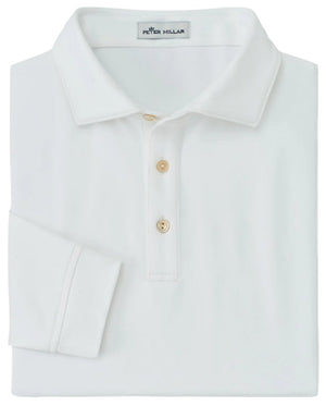 The Peter Millar Lyons Performance Jersey Long-Sleeve Polo is a folded white shirt featuring a collar, three buttons, moisture-wicking fabric, and UPF 50+ sun protection.