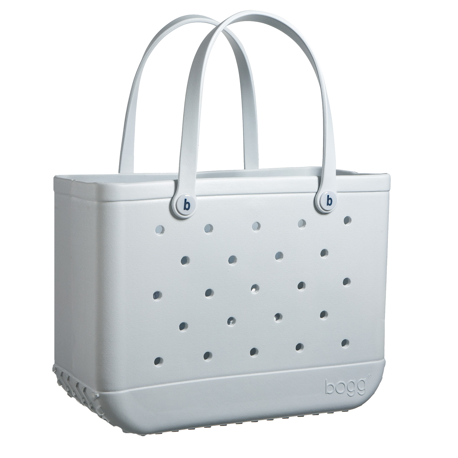 A light gray, rectangular Original Bogg Bag by Bogg Bags beach tote with perforated holes and sturdy handles. The bag boasts a textured bottom for durability, and its washable design ensures easy cleaning.