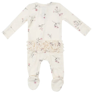 Introducing the Angel Dear Wispy Floral Ruffle Back 2-Way Zip Footie. This delightful piece by Angel Dear is designed as a white baby onesie featuring long sleeves and a lovely floral pattern made from soft bamboo fiber fabric. It includes charming ruffles on the back and non-slip dots on the feet, seamlessly blending comfort with style for your precious little one.