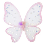 The Great Pretenders Twinkling Star Confetti Wings by Great Pretenders are a magical addition to any kid's costume. This pair of translucent fairy wings gleams with iridescent confetti and is adorned with pastel pink and purple glittery stars along the edges. They are attached at the center with a small, star-shaped accessory, making them truly enchanting.