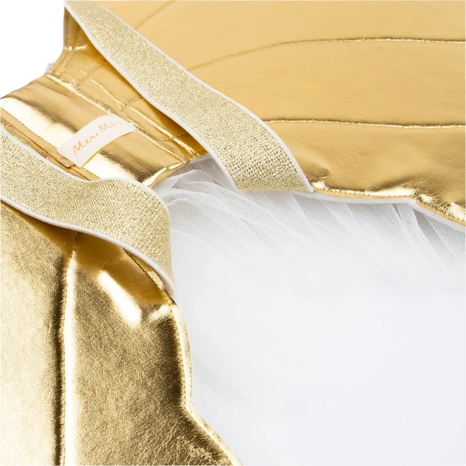 Close-up of the Meri Meri Tulle Ruffle Angel Wings & Headband, showcasing a gold and white tutu with a metallic gold waistband and delicate tulle fabric, ideal for the festive season.