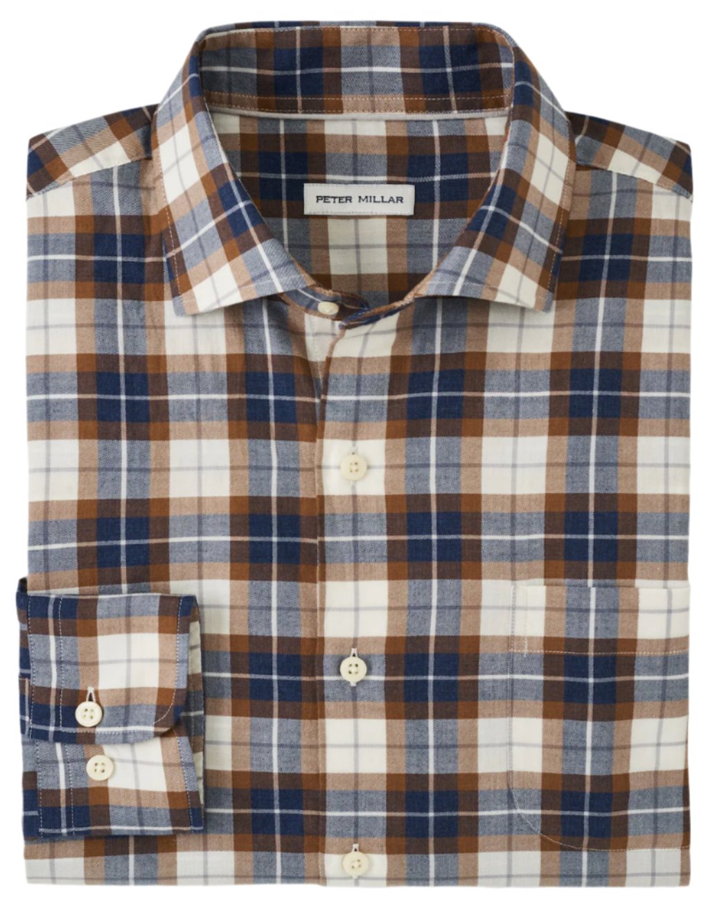 The Peter Millar Langley Summer Soft Cotton Sport Shirt features a folded plaid design in brown, blue, and white tones. Crafted from cotton twill, it includes a classic collar and buttoned cuffs for a timeless appeal.