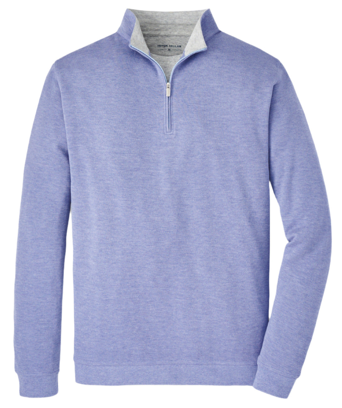 A Peter Millar Crown Comfort Pullover in light purple, featuring a four-way stretch and a quarter-zip design, with a gray inner collar.