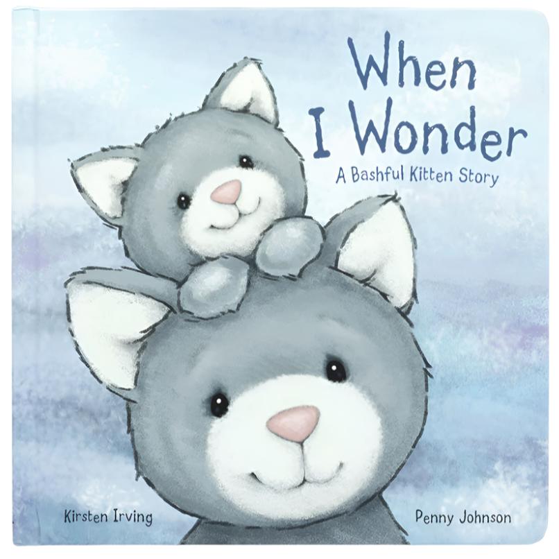 Cover of the book "Jellycat When I Wonder Book" by Kirsten Irving and Penny Johnson, featuring illustrated gray kittens, one sitting on the other's shoulders against a light blue background. This delightful baby book from Jellycat is perfect for parent-child reading and brings joy to every lover of illustrated children's stories.