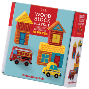 Crocodile Creek Build & Play Mini Wood Blocks Busy City set includes 10 wooden blocks with buildings, fire truck, and taxi. Ideal for open-ended play, this engaging city-themed set is perfect for ages 2 and up.