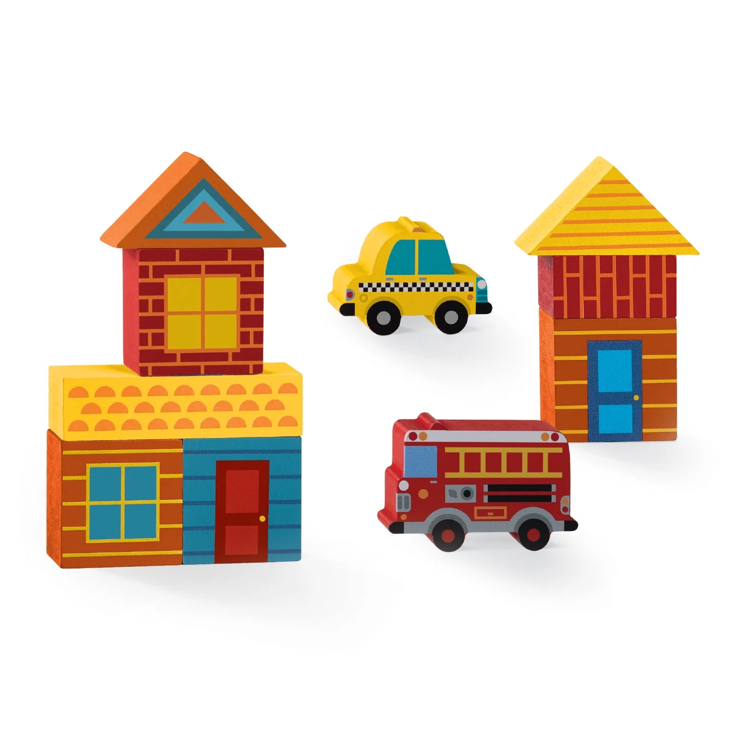 Crocodile Creek's Build & Play Mini Wood Blocks Busy City set features colorful wooden blocks forming buildings, with a yellow taxi and red fire truck nearby, inspiring imaginative play—all set against a white background.