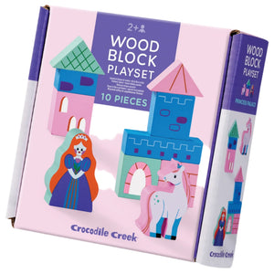 The Crocodile Creek Build & Play Mini Wood Blocks Princess Palace is a 10-piece set for ages 2+, featuring a princess, unicorn, and colorful castle to inspire imaginative open-ended play.
