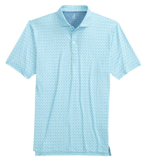 The Johnnie-O Woods Polo by Johnnie-O is a light blue shirt from the Featherweight collection, showcasing a subtle small dot pattern on a white background. Designed with UPF 50 sun protection, this moisture-wicking polo keeps you comfortable and stylish on sunny days.