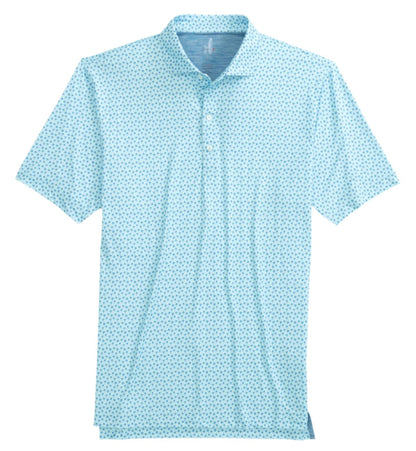 The Johnnie-O Woods Polo by Johnnie-O is a light blue shirt from the Featherweight collection, showcasing a subtle small dot pattern on a white background. Designed with UPF 50 sun protection, this moisture-wicking polo keeps you comfortable and stylish on sunny days.