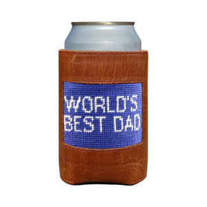 A can is held in the Smathers & Branson World's Best Dad Can Cooler, crafted from brown Italian leather and featuring a blue patch with "WORLD'S BEST DAD" stitched in white letters.
