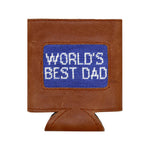 Introducing the Smathers & Branson World's Best Dad Can Cooler—a brown Italian leather can holder featuring a hand-stitched blue needlepoint patch emblazoned with "WORLD'S BEST DAD" in white, offering a premium, artisanal touch.