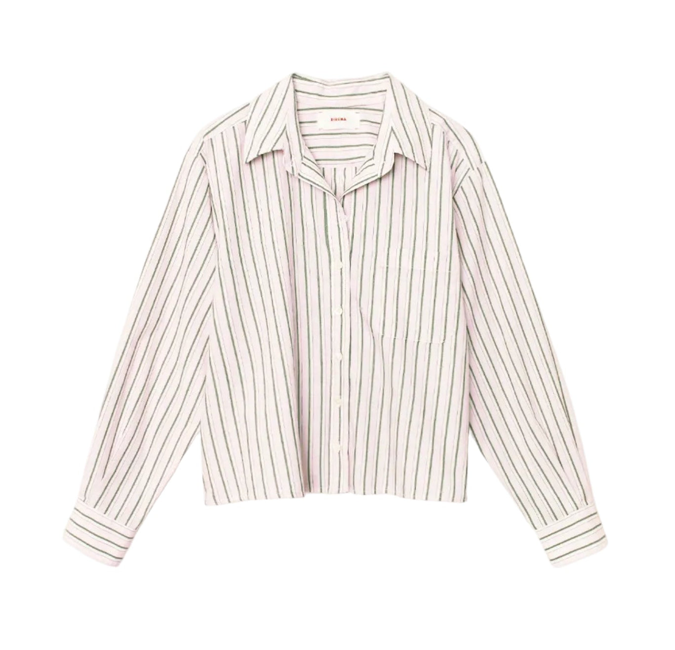 The Wyler Shirt by Xirena is a soft cotton, boxy-fit button-front shirt with long sleeves, a collar, a left chest pocket, and vertical black stripes on a white background.