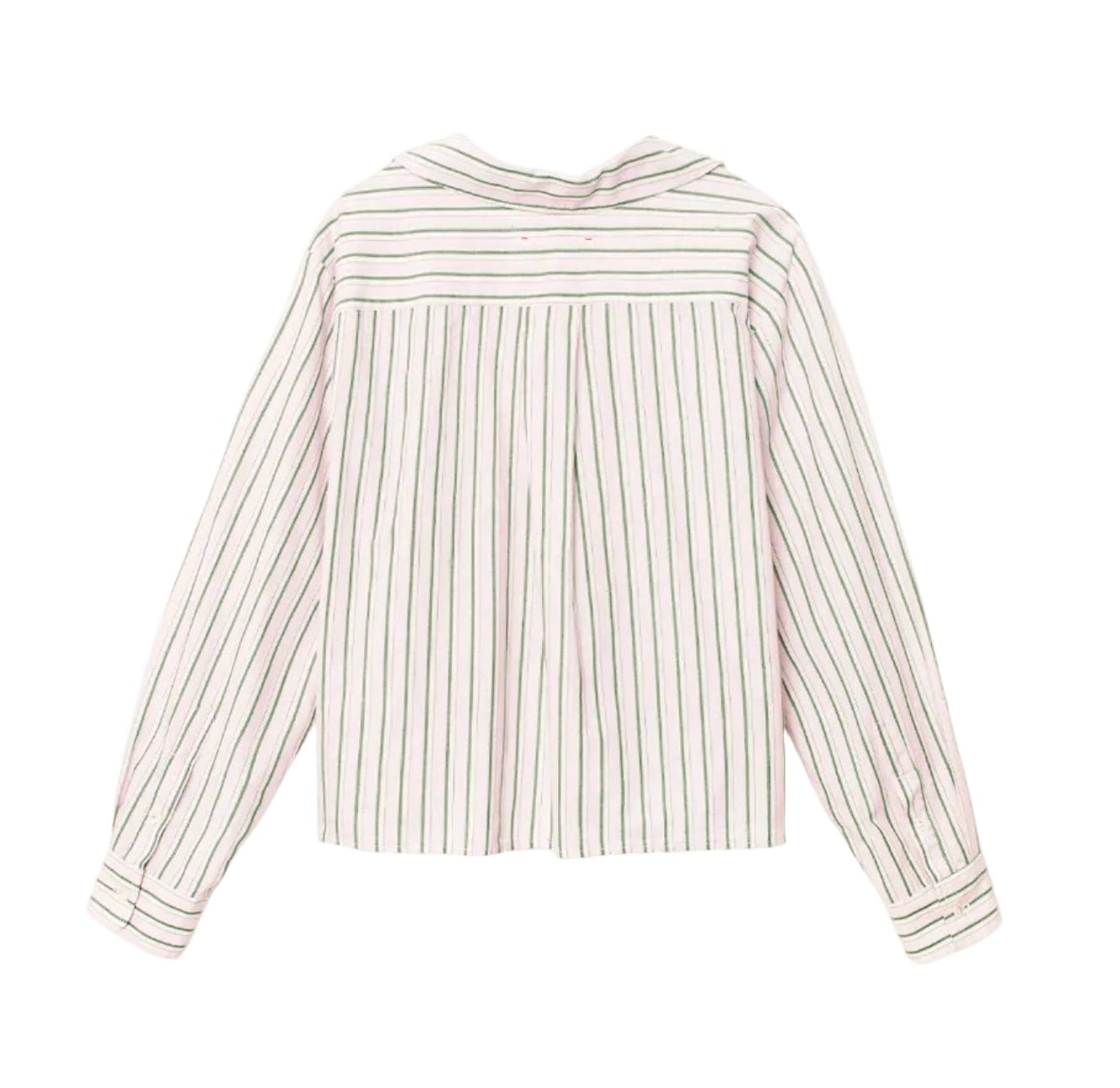 The Wyler Shirt by Xirena is a long-sleeve, white cotton button-up with vertical black stripes. Shown from the back, it features a collar, upper back pleat detailing, and a modern boxy fit for relaxed style.