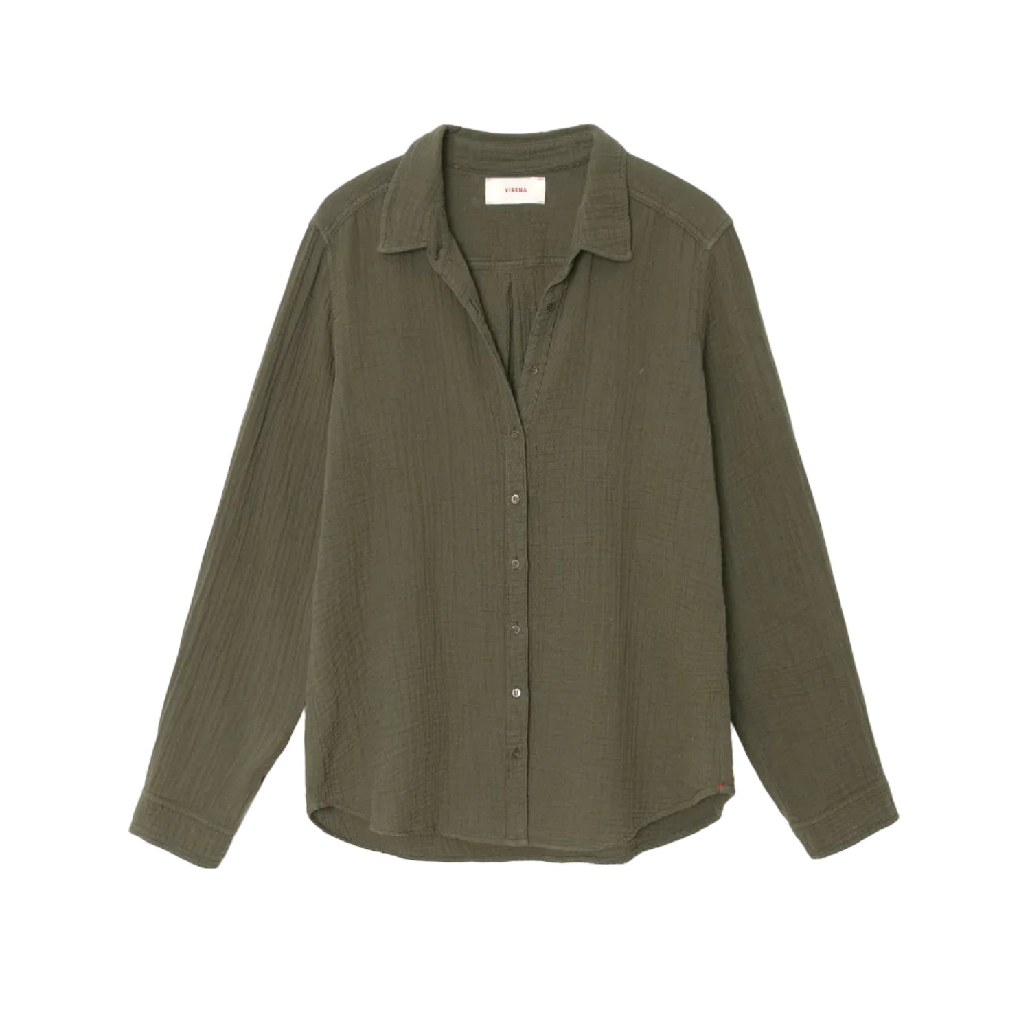 The Xirena Scout Cotton Gauze Shirt, shown on a plain white background, features an olive green hue, long sleeves, a button-up front with a collar, and a shirttail hem. It's crafted from textured washed cotton gauze fabric.