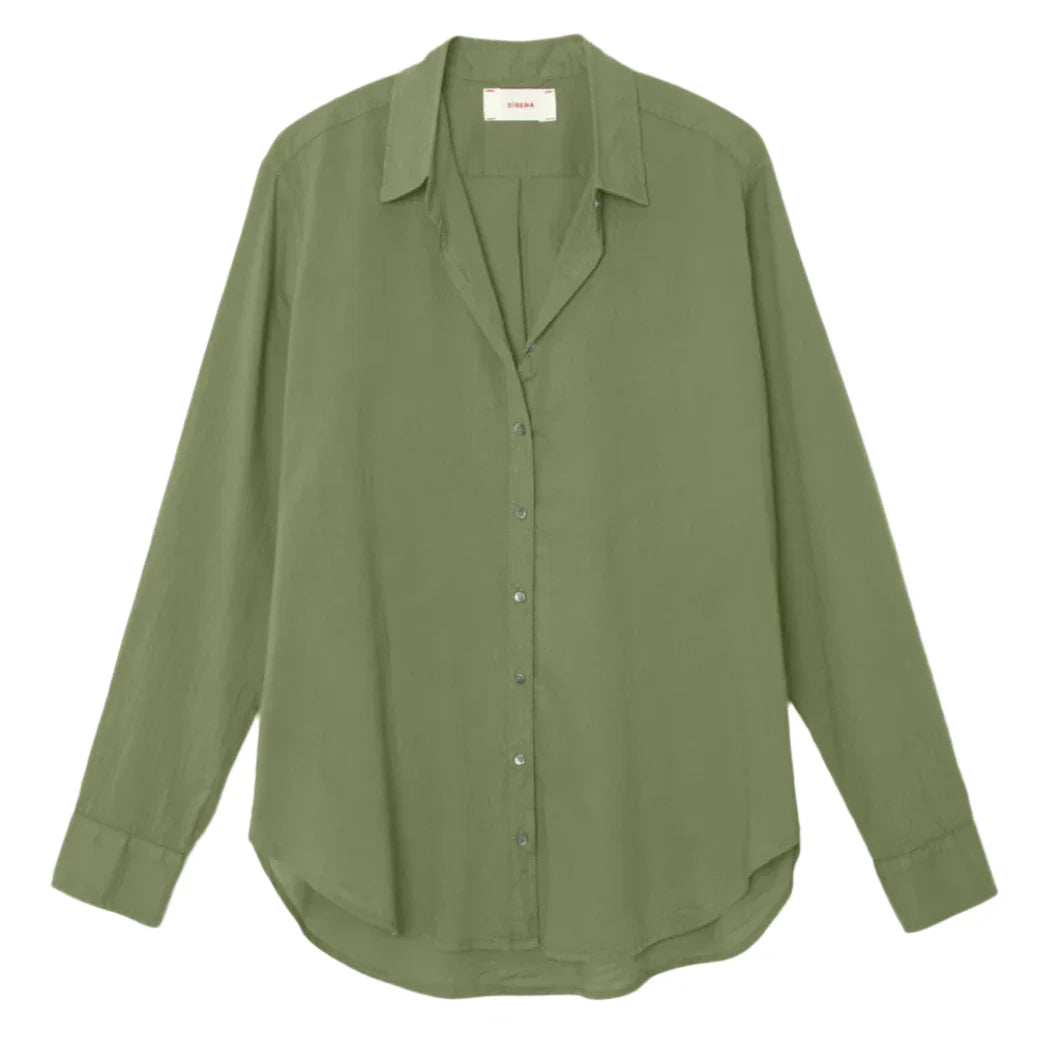 A long-sleeved, olive green Xirena Beau Shirt with a collar and a slightly curved hem. Crafted from Cotton Poplin, the Boyfriend shirt is laid flat.