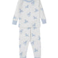 The Kissy Kissy Dreamy Zebras Toddler Pajama Set features a white design with blue dreamy zebras, light blue cuffs, and is crafted from soft Pima cotton.