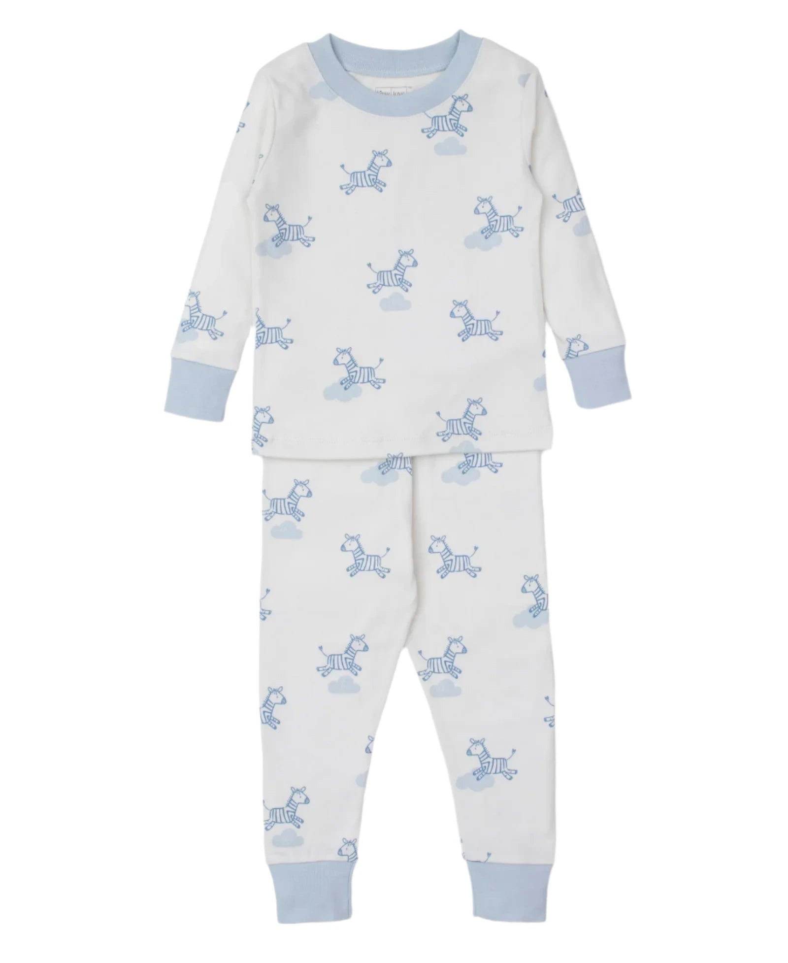 The Kissy Kissy Dreamy Zebras Toddler Pajama Set features a white design with blue dreamy zebras, light blue cuffs, and is crafted from soft Pima cotton.