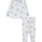 The Kissy Kissy Dreamy Zebras Toddler Pajama Set by Kissy Kissy features soft Pima cotton, white fabric, and light blue cuffs adorned with a pattern of blue cartoon cats. This cozy set includes a long-sleeved top and pants, ideal for peaceful sleep.