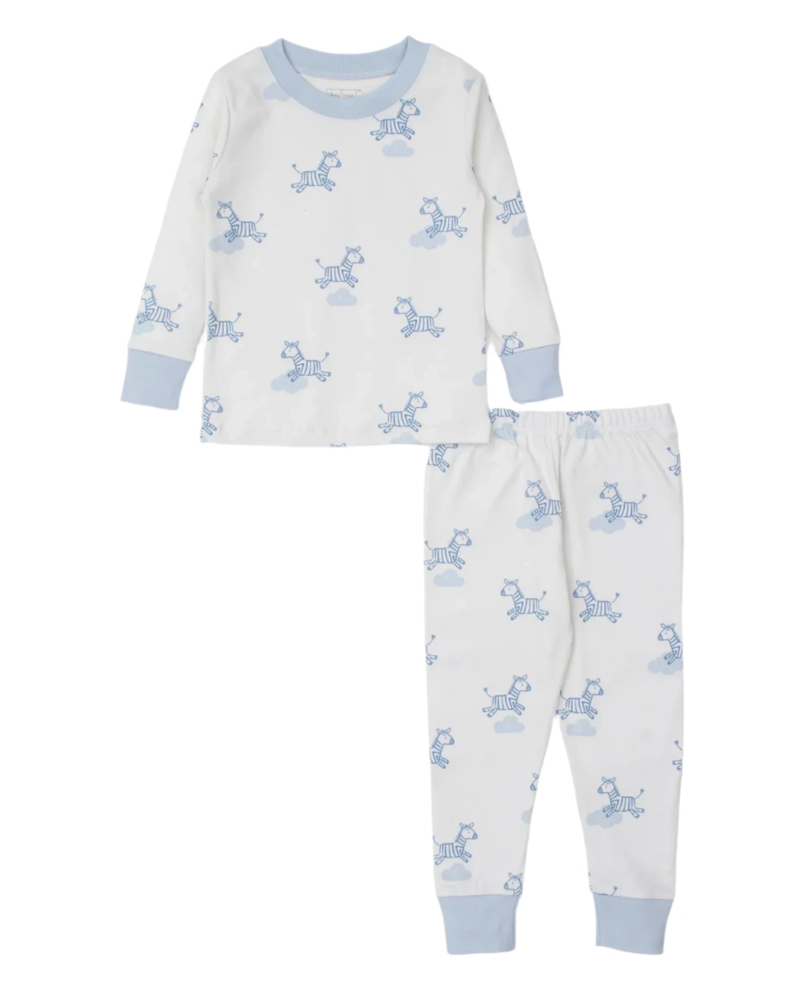 The Kissy Kissy Dreamy Zebras Toddler Pajama Set by Kissy Kissy features soft Pima cotton, white fabric, and light blue cuffs adorned with a pattern of blue cartoon cats. This cozy set includes a long-sleeved top and pants, ideal for peaceful sleep.