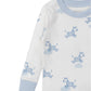 The Kissy Kissy Dreamy Zebras Toddler Pajama Set includes a white long-sleeve shirt made from soft Pima cotton, featuring light blue cuffs and neckline with dreamy zebras among fluffy clouds, perfect for a cozy night.