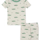The Kissy Kissy Baby Boys' and Boys' Crocodile Walk SS Pajama Set features soft Pima cotton, a playful crocodile print, green trim on the collar, and matching shorts—perfect for toddler comfort.