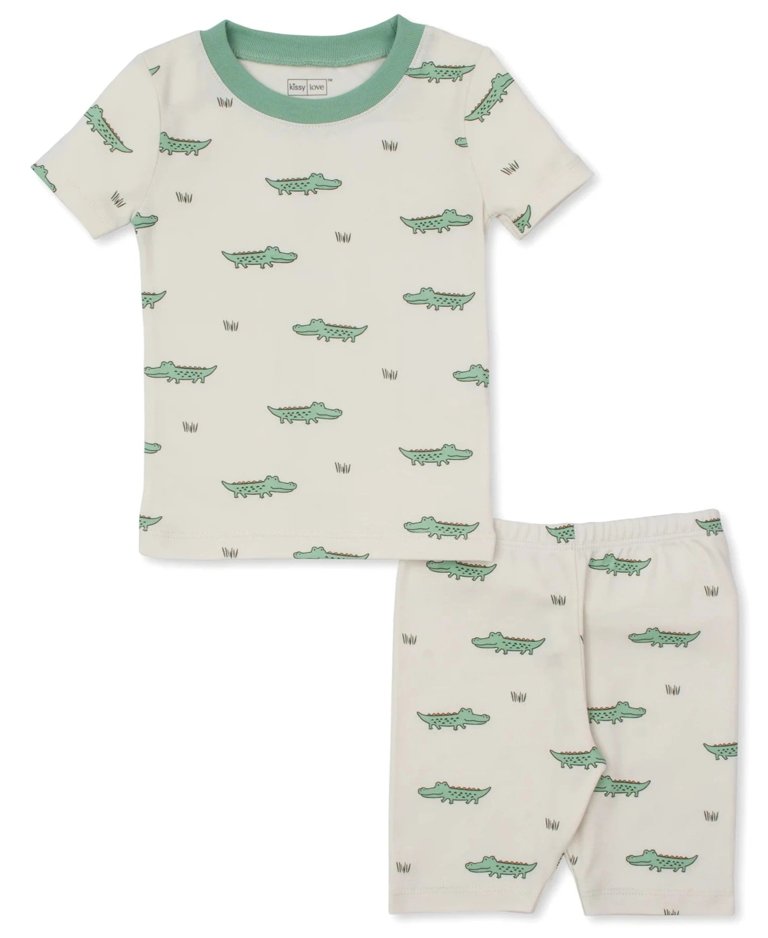 The Kissy Kissy Baby Boys' and Boys' Crocodile Walk SS Pajama Set features soft Pima cotton, a playful crocodile print, green trim on the collar, and matching shorts—perfect for toddler comfort.