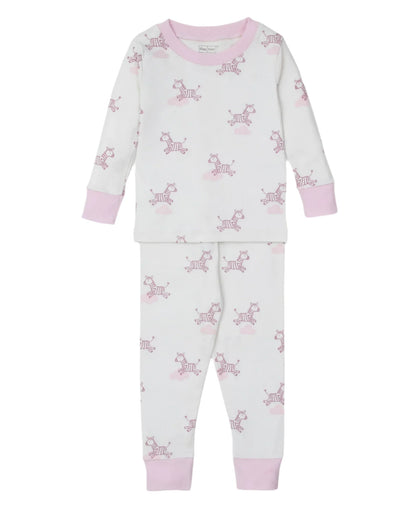 The Kissy Kissy Dreamy Zebras Toddler Pajama Set features white and pink hues with unicorn patterns. Made from soft Pima cotton, it includes long sleeves and pants with ribbed cuffs, offering kids ultimate comfort for a cozy night's sleep.