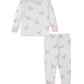 The Kissy Kissy Dreamy Zebras Toddler Pajama Set, made from soft Pima cotton, showcases a dreamy zebras print with pink cuffs on a light background.