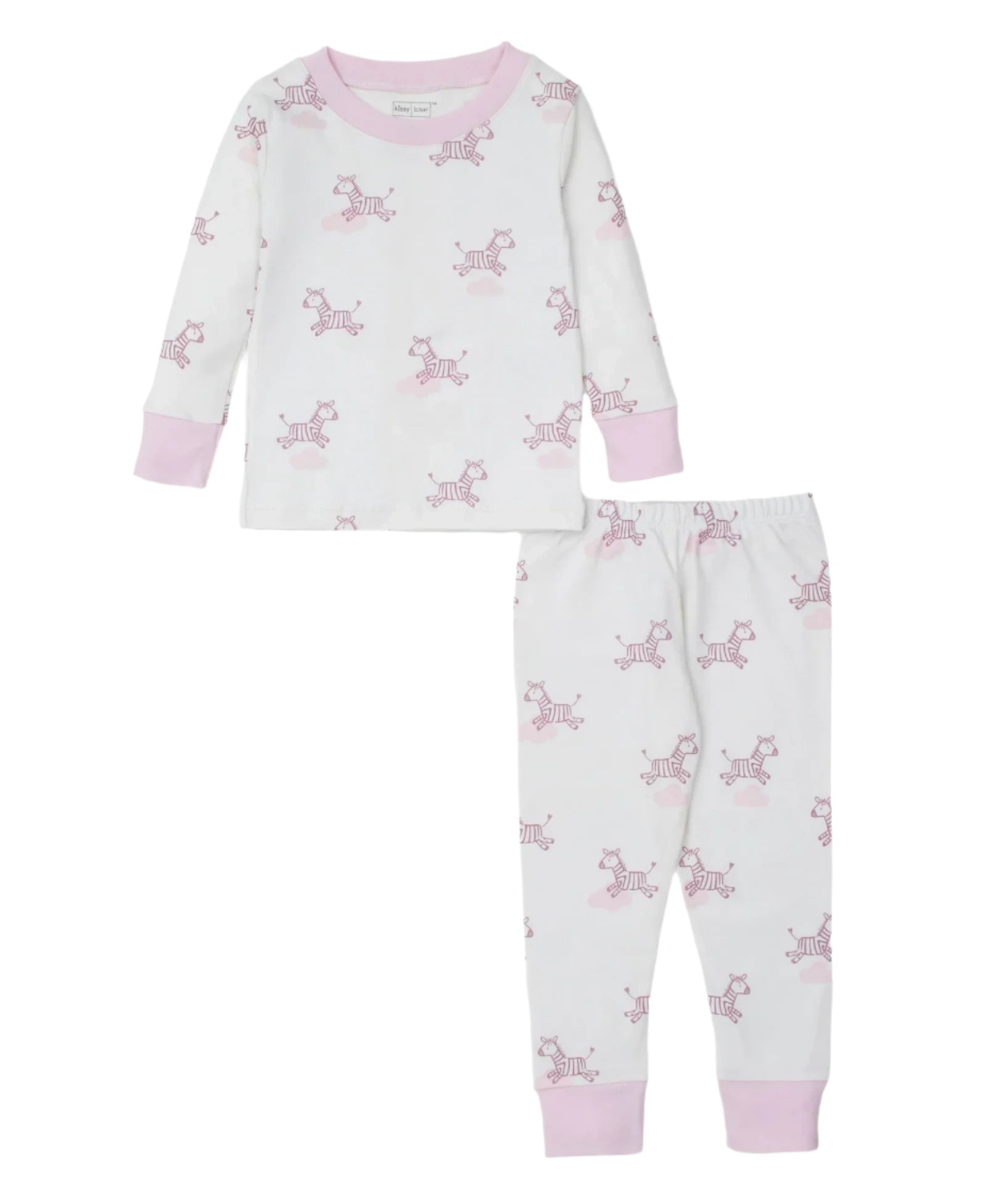 The Kissy Kissy Dreamy Zebras Toddler Pajama Set, made from soft Pima cotton, showcases a dreamy zebras print with pink cuffs on a light background.