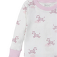 The Kissy Kissy Dreamy Zebras Toddler Pajama Set is a white long-sleeve Pima cotton shirt with pink cuffs, featuring dreamy zebras with pink stripes and small pink clouds.