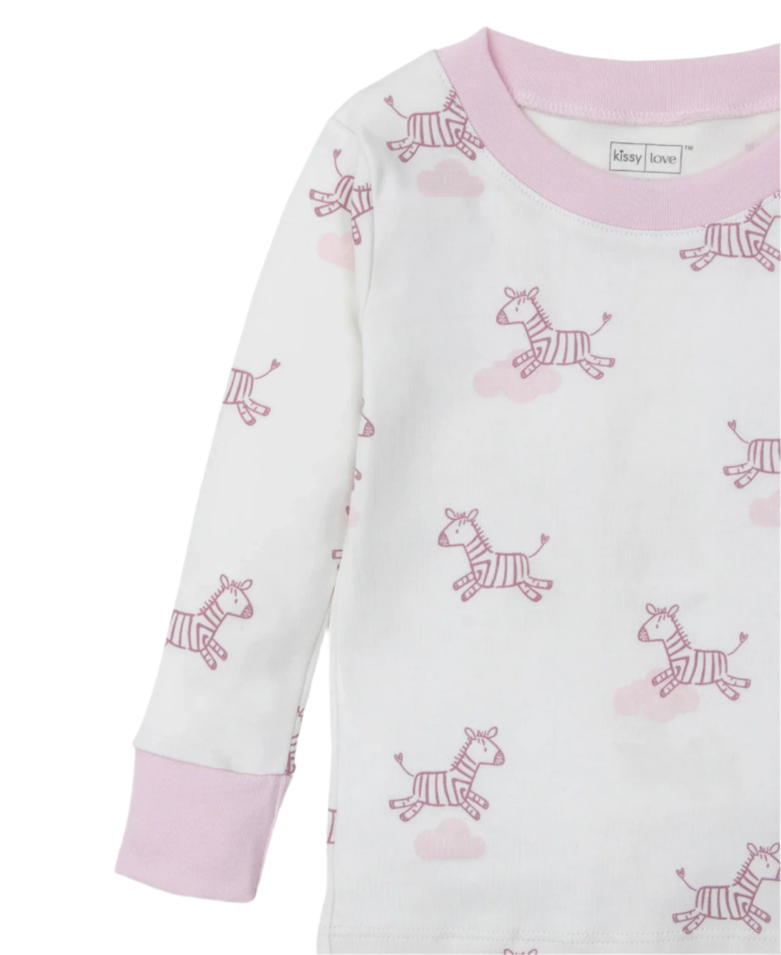 The Kissy Kissy Dreamy Zebras Toddler Pajama Set is a white long-sleeve Pima cotton shirt with pink cuffs, featuring dreamy zebras with pink stripes and small pink clouds.