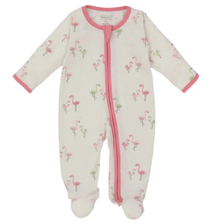 The Kissy Kissy Baby Girls' Flamingo Love Zip Footie is a soft Pima cotton onesie with pink trim, a flamingo love print, and a pink diagonal zipper from neck to left foot.