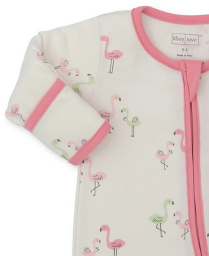 Close-up of the Kissy Kissy Baby Girls' Flamingo Love Zip Footie, in white with pink trim, flamingo love print in pink and green, a front zipper, and crafted from soft Pima cotton.