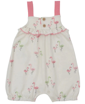 The Kissy Kissy Baby Girls' Flamingo Love Playsuit features pink straps, wooden buttons, a ruffled chest, and a cute pink and green flamingo love print on soft fabric.