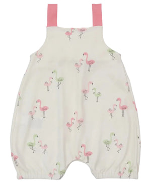 The Kissy Kissy Baby Girls' Flamingo Love Playsuit features pink shoulder straps and a pink and green flamingo love print on soft Pima cotton.