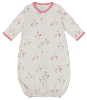 The Kissy Kissy Baby Girls' Flamingo Love Convertible Gown features soft Pima cotton, pink trim, and an adorable pink and green flamingo print on a white background.