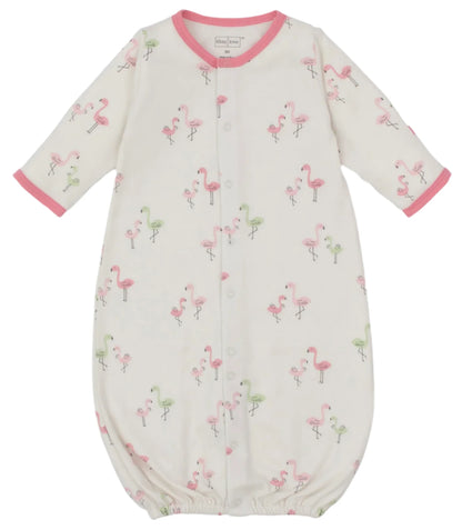 The Kissy Kissy Baby Girls' Flamingo Love Convertible Gown features soft Pima cotton, pink trim, and an adorable pink and green flamingo print on a white background.